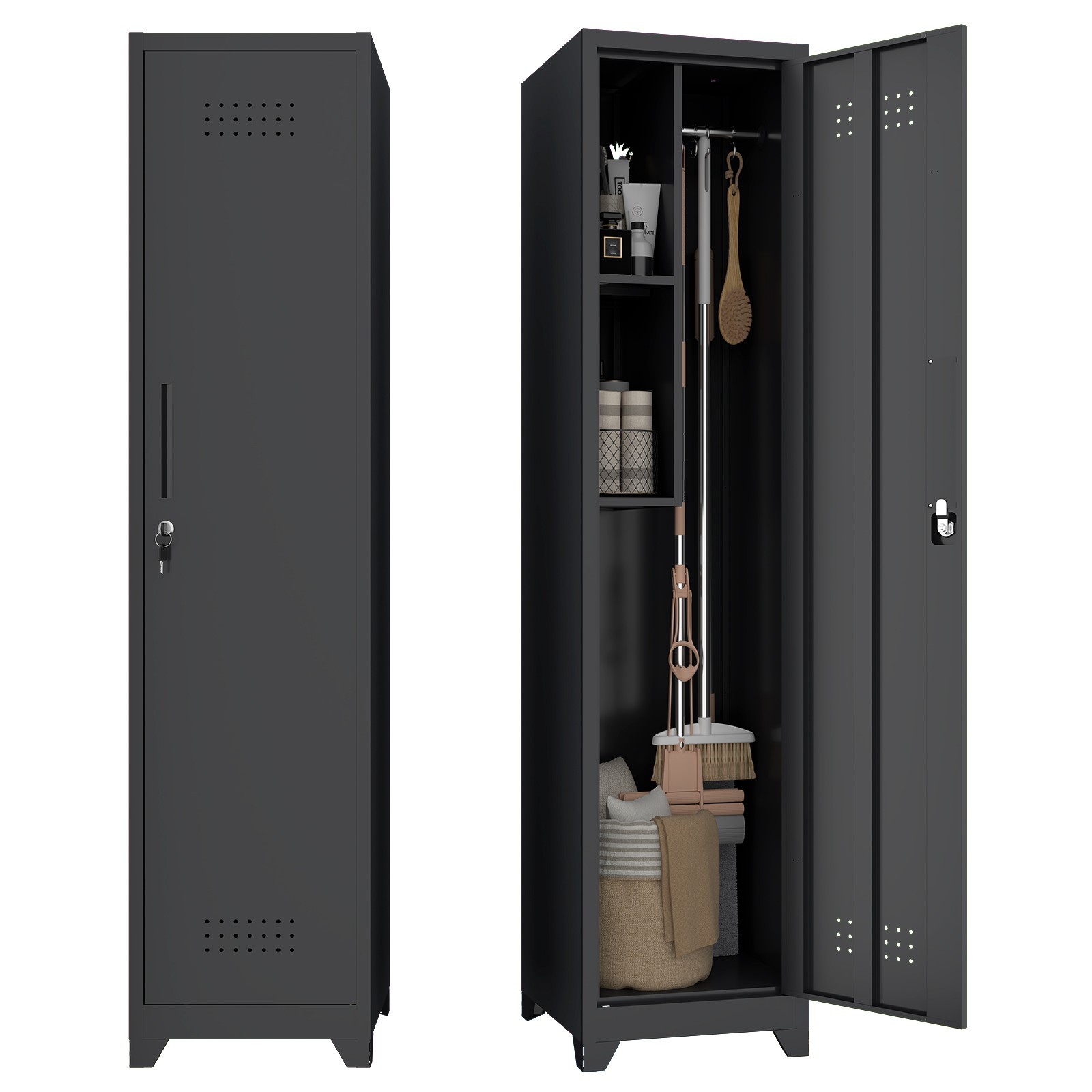 Broom Closet Storage Cabinet,Utility Closet Cabinet for Garage,Office,Gym,Black Broom Closet Storage Cabinet,Utility Closet Cabinet for Garage,Office,Gym,Black