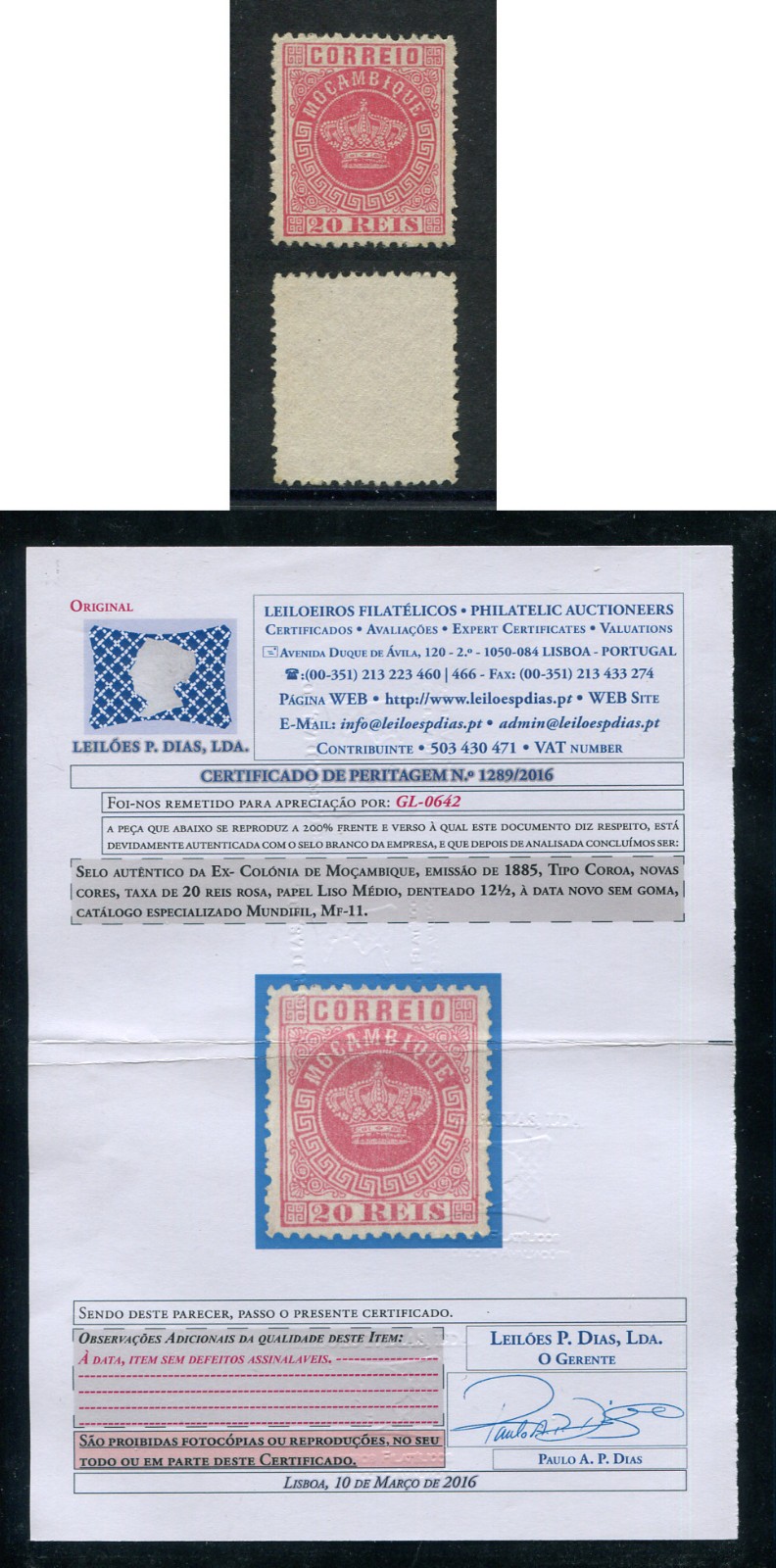 Mozambique Moçambique Portugal 1885 CROWN, NOT ISSUED #1, MH CERTIFICATE FVF