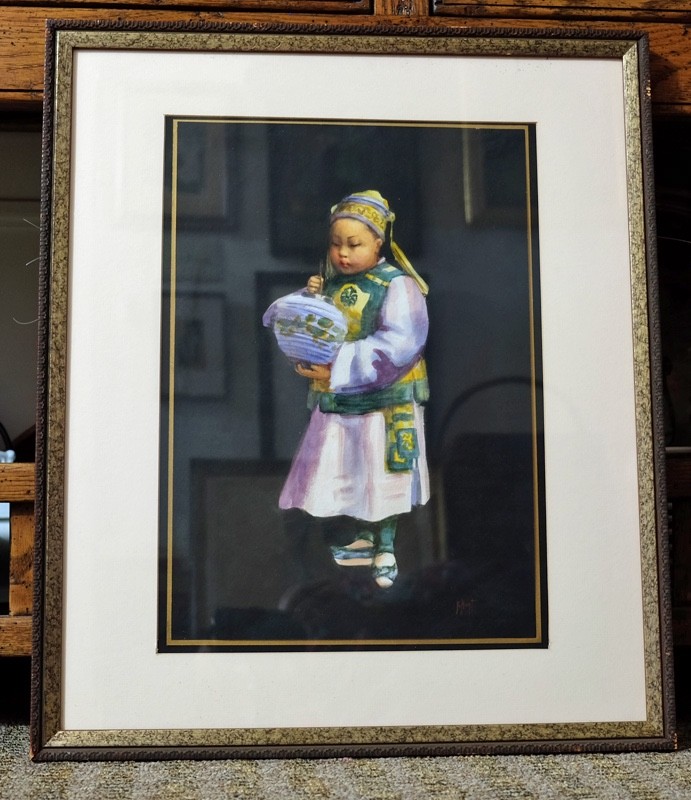 Orig Signed Watercolor by Esther Hunt: Chinese Girl Lighting a Lantern c 1901/05