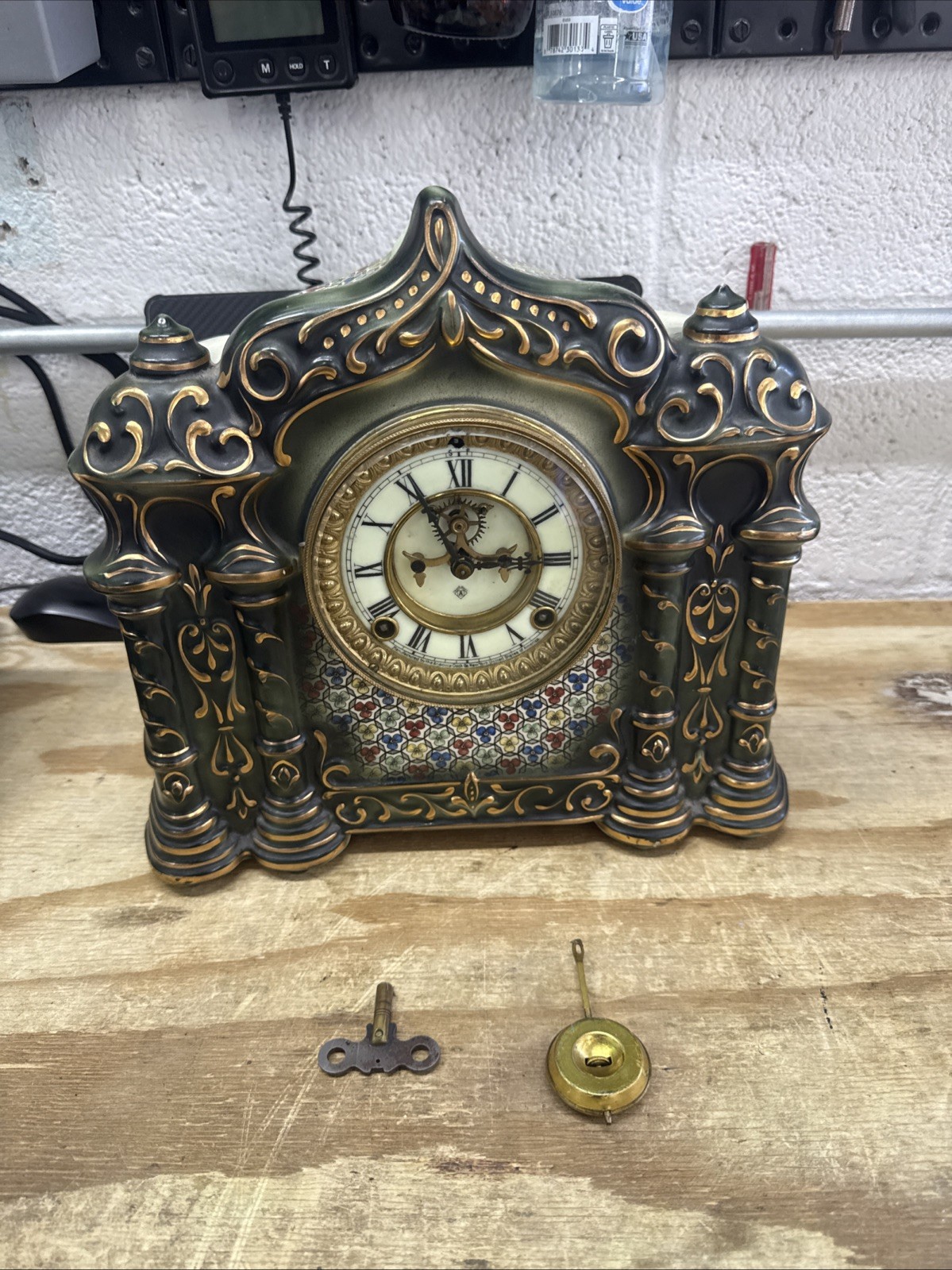 Antique Ansonia Dakia Porcelain Mantel Clock Open Escapement Parts Repair - READ