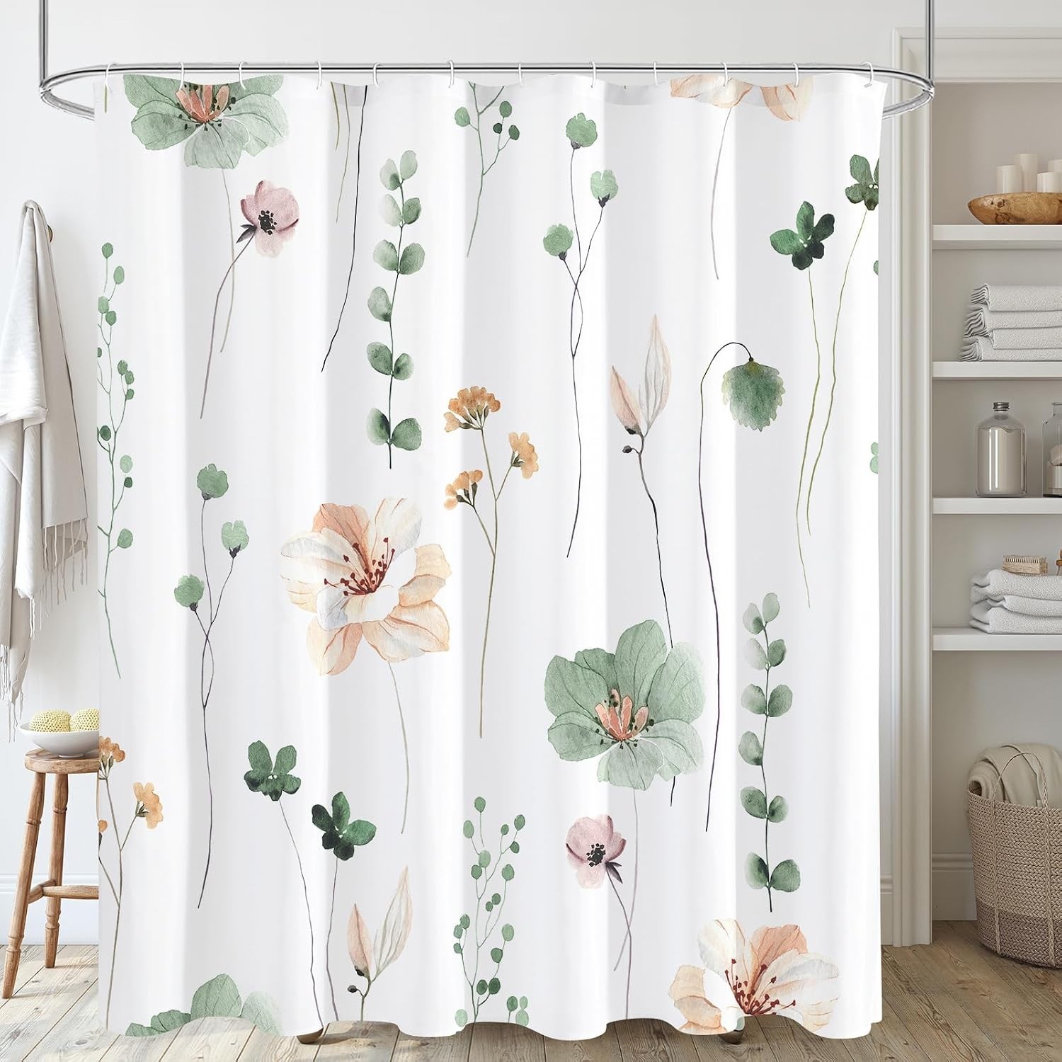 Sage Green Beige Floral Shower Curtain 72x72 Watercolor Fabric Bathroom Decor