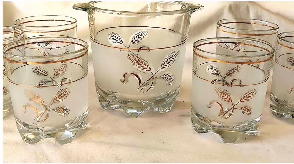 Vintage Covetro Italian Bar Set – Frosted Gold Wheat Whiskey Glasses Ice Bucket