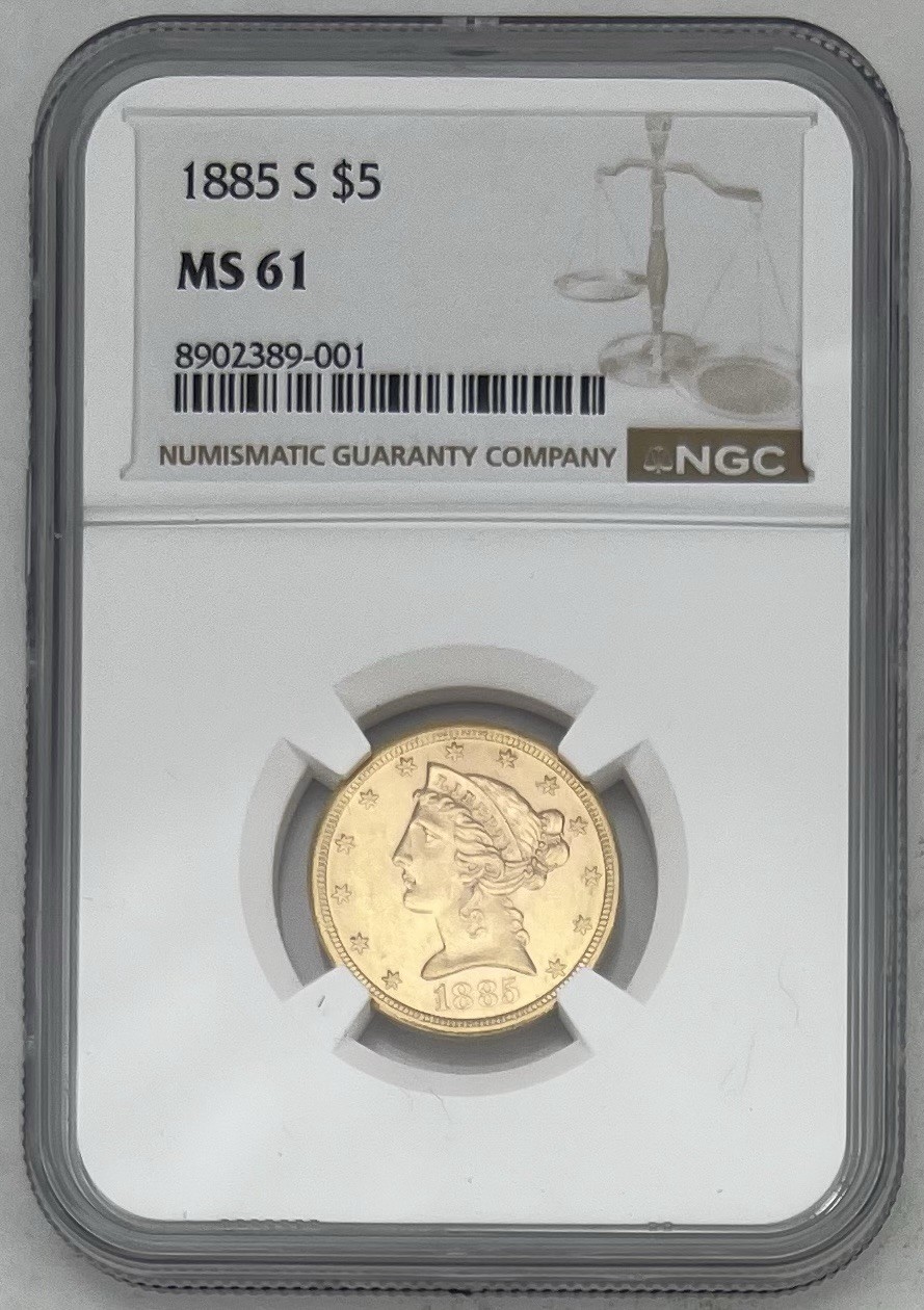 1885 S US American Half Eagle Coronet Head Early Gold Coin $5 Dollar MS-61 NGC 1885 S US American Half Eagle Coronet Head Early Gold Coin $5 Dollar MS-61 NGC