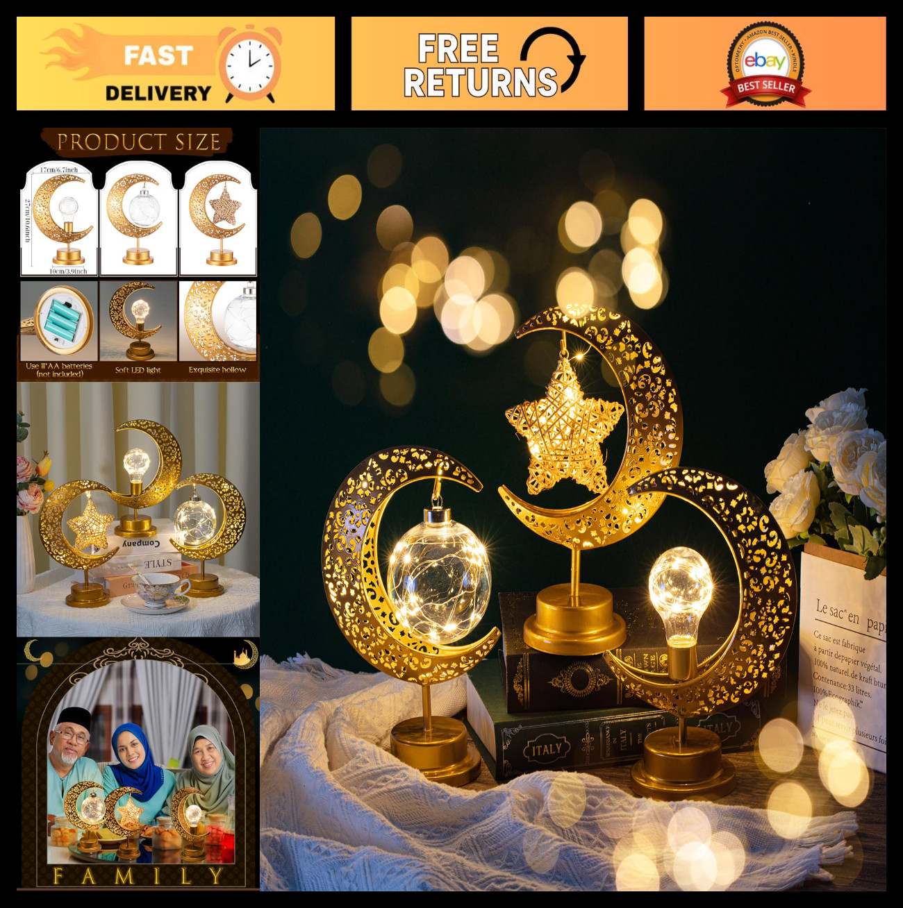 3 Pcs Ramadan Home Decor - Rustic Moon & Star LED Lights, Battery Operated Eid D