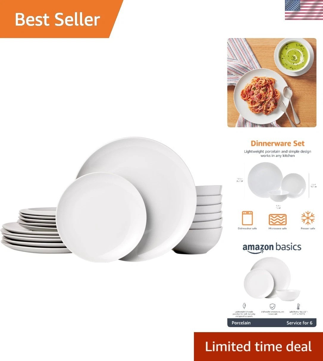 18-Piece White Porcelain Coupe Dinnerware Set for 6, Dishwasher & Microwave Safe