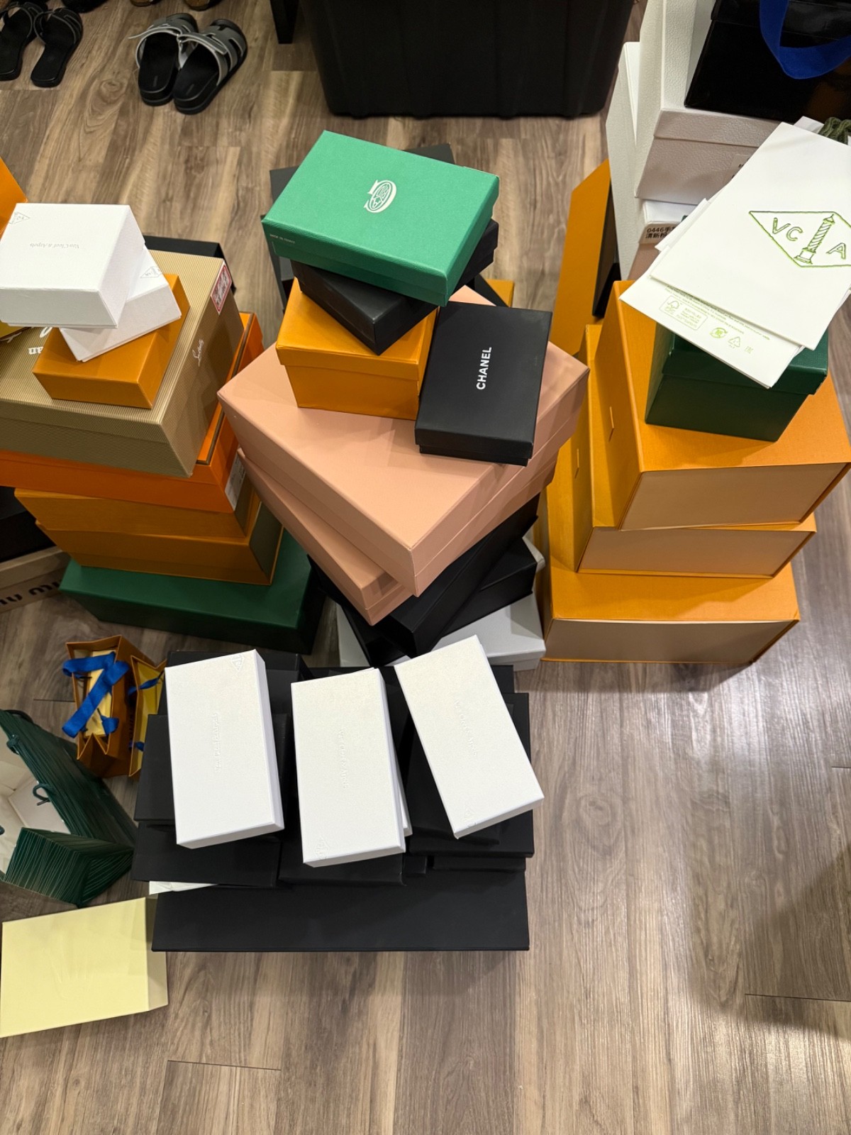 empty Chanel, lv, goyard, dior, miu miu designer shoe boxes