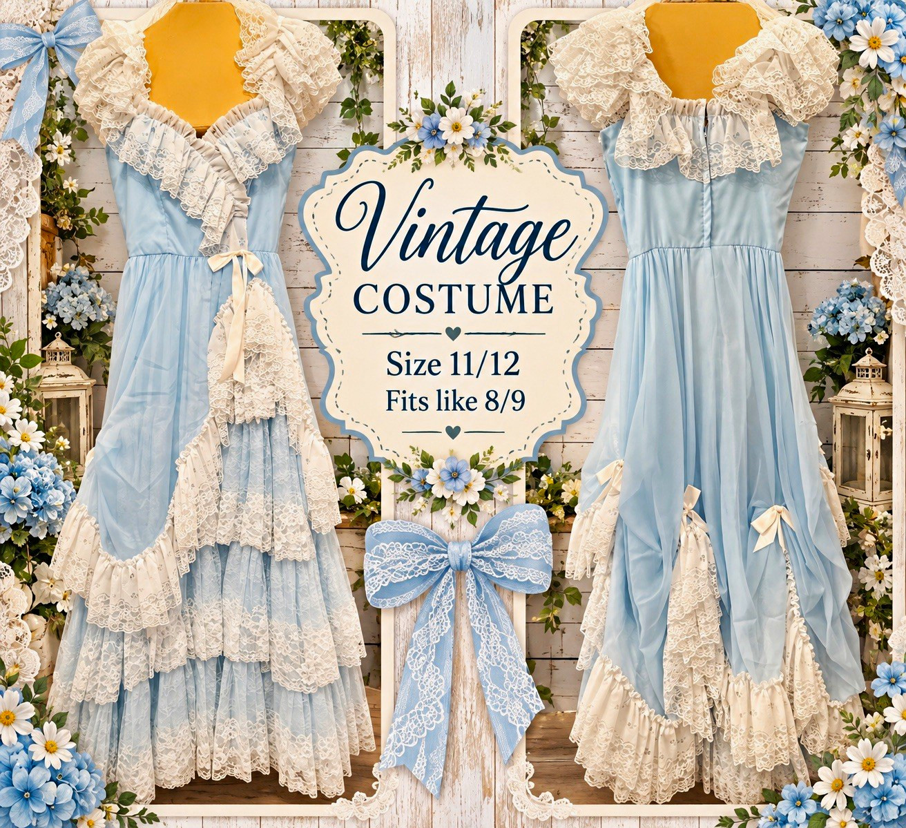 Loralie’s Vintage Blue & White Lace Dress Ruffled Layered Show Costume 11/12