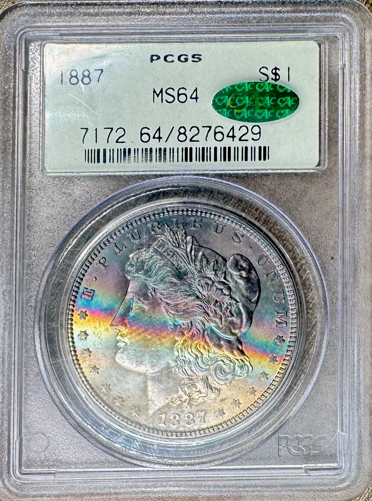 1887 Morgan Dollar $ PCGS MS64 OGH CAC Terminal Rainbow Crescent* Toned Monster