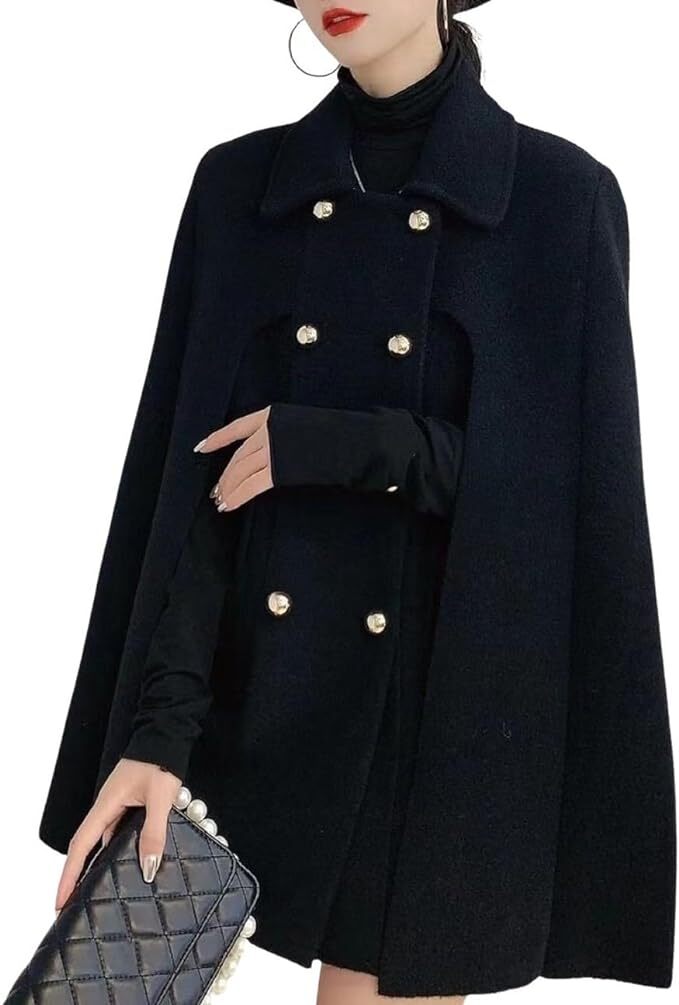 Women's Elegant Poncho Double-Breast Slit Sleeve Flowy Wool Blend Cape Cloak Coa