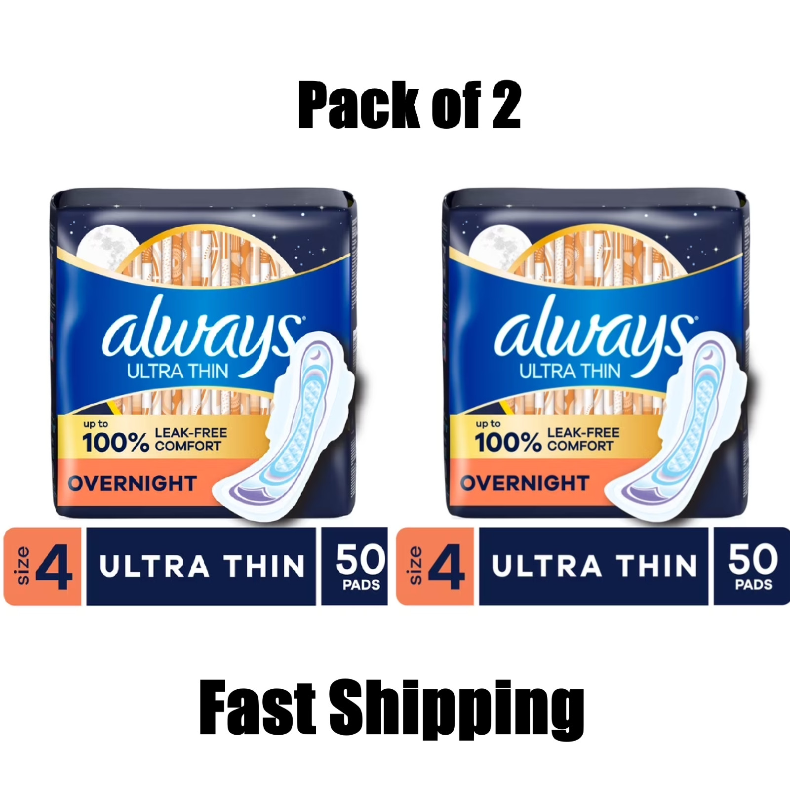 Always Ultra Thin Overnight Pads with Wings, Size 4, Overnight, 50 Count 2 Pack Always Ultra Thin Overnight Pads with Wings, Size 4, Overnight, 50 Count 2 Pack