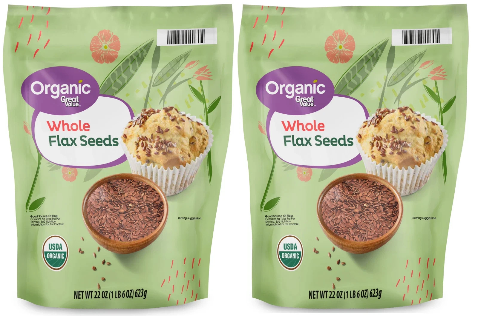 Great Value Organic Whole Flax Seed, 22 oz  (Pack of 2)