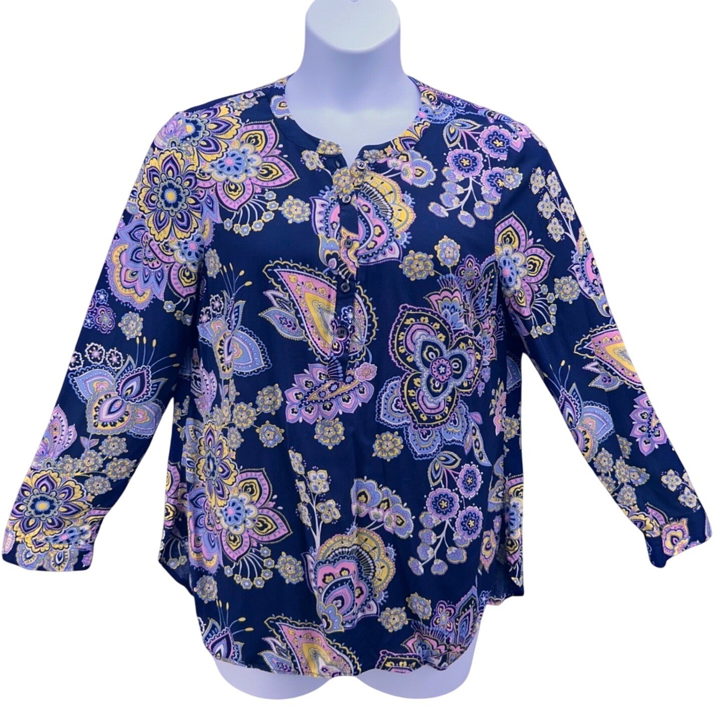 Talbots Womens Blouse Size Large Bohemian Paisley Floral Hipster Button Top