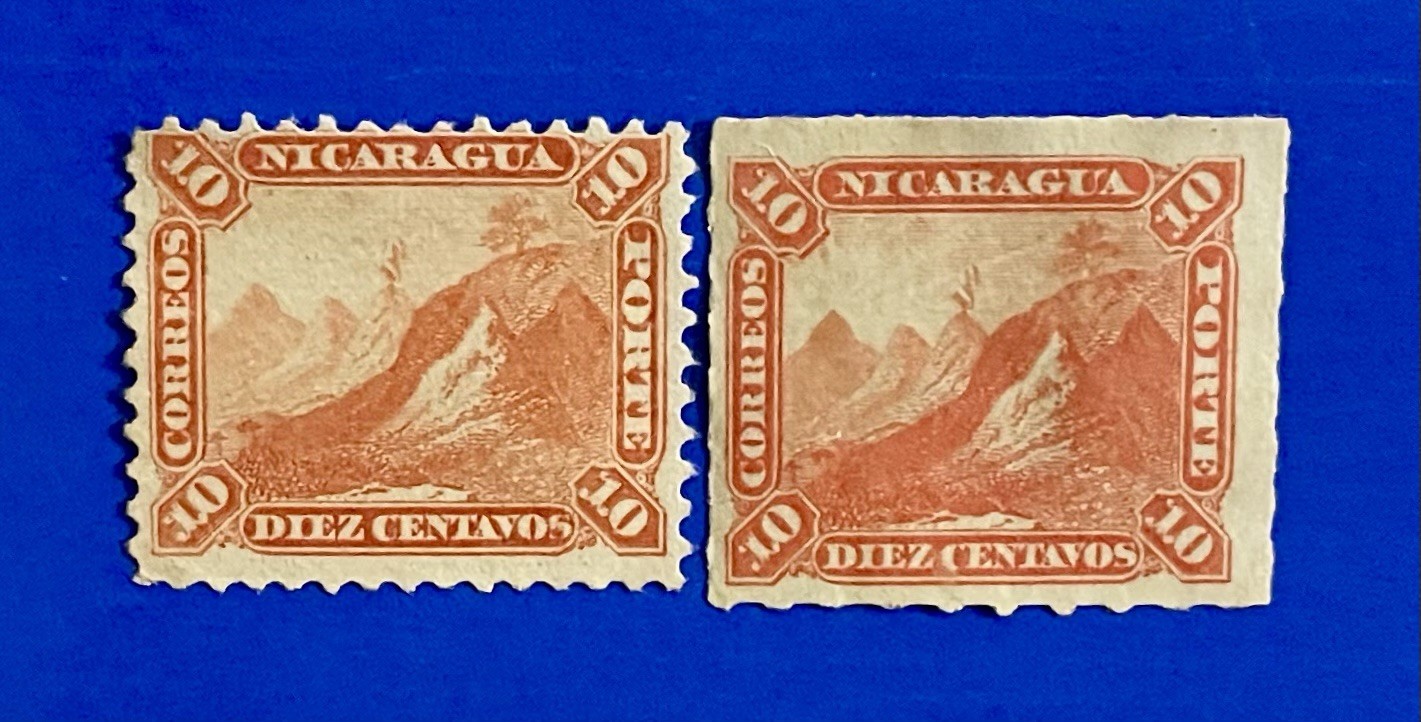 Early Nicaragua 1869, 1880\' Liberty Cap on Mountain Peak 10c MH Perf/Imperf