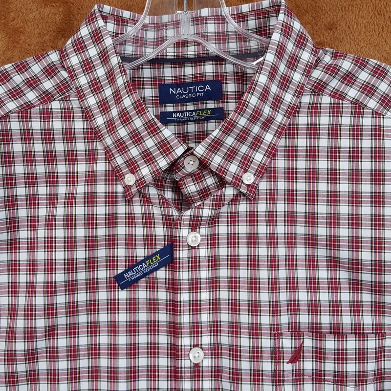 NAUTICA Button Shirt Mens XL Red Plaid Button Down Pocket Logo Classic Fit FLEX NAUTICA Button Shirt Mens XL Red Plaid Button Down Pocket Logo Classic Fit FLEX
