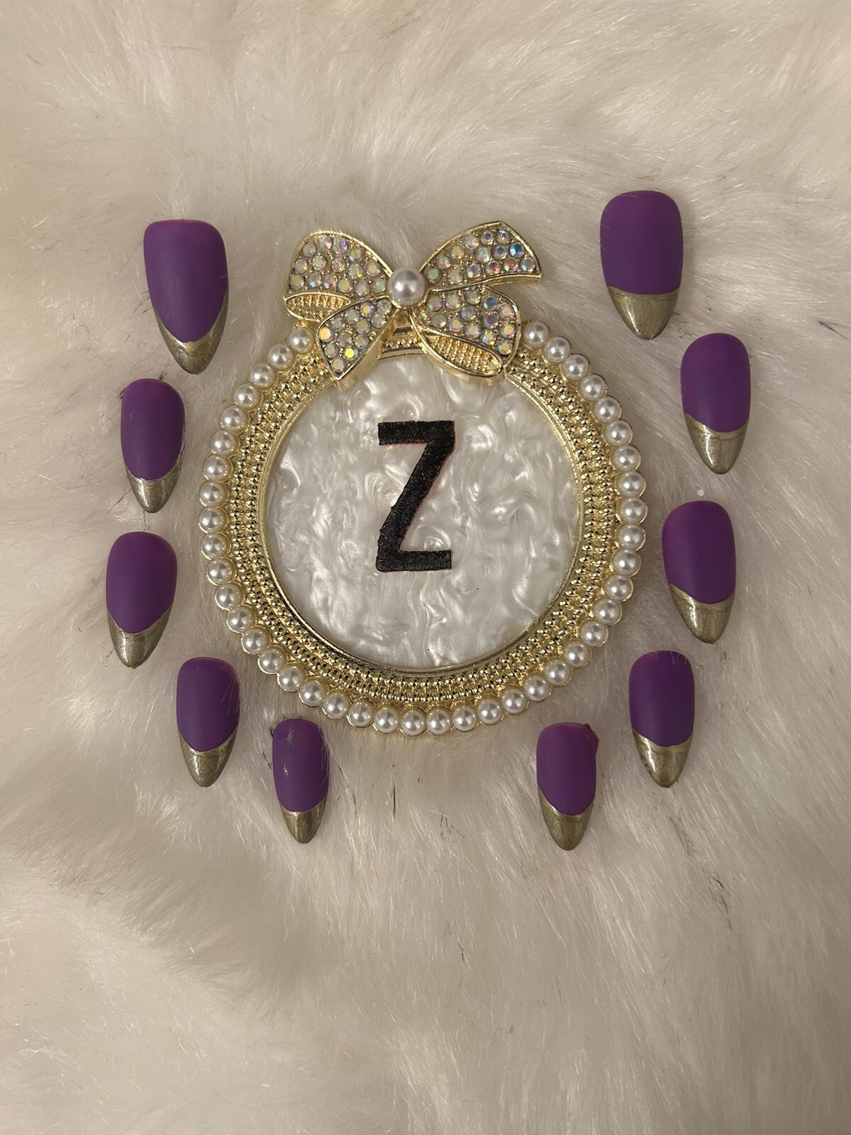 Z NAILZ Gorgeous Set Of Handmade M Squoval Purple/gold French Press On Nails