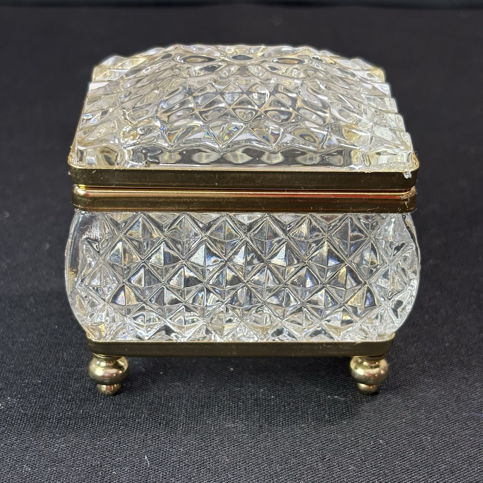 Vintage French Cut Lead Crystal Brass Vanity Jewelry Trinket Casket Box Hand Cut