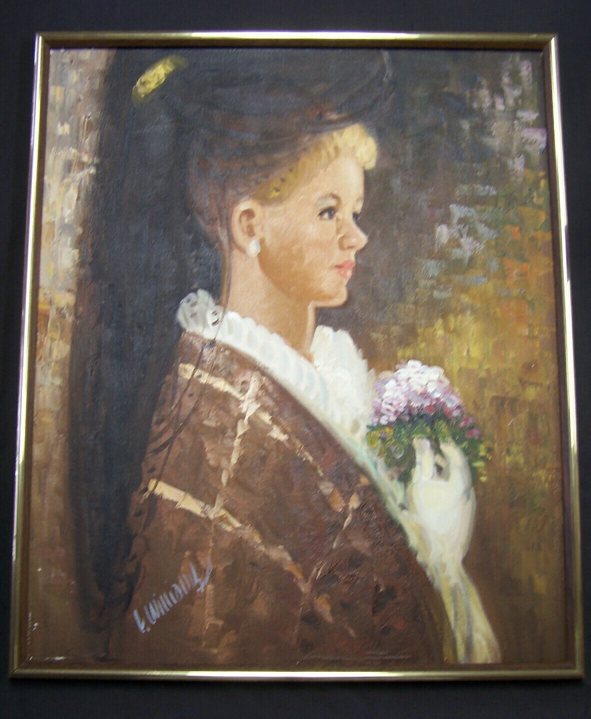 ORIGINAL OIL ON CANVAS PAINTING YOUNG BLONDE WOMAN HOLDING BOUQUET BY L WILLIAMS