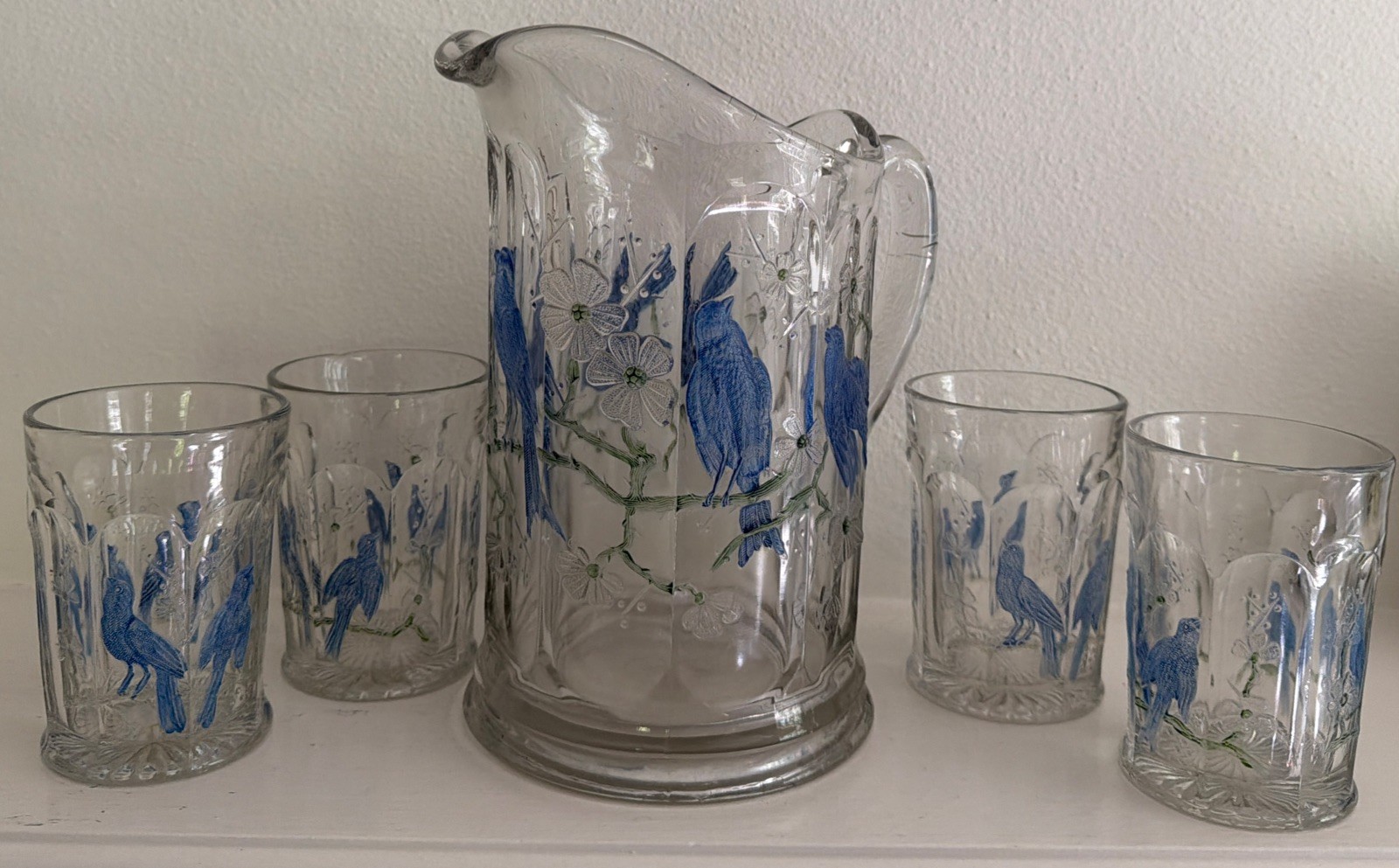 Northwood Singing Birds Water Pitcher & 4 Tumblers Set EAPG Blue Enamel c 1915