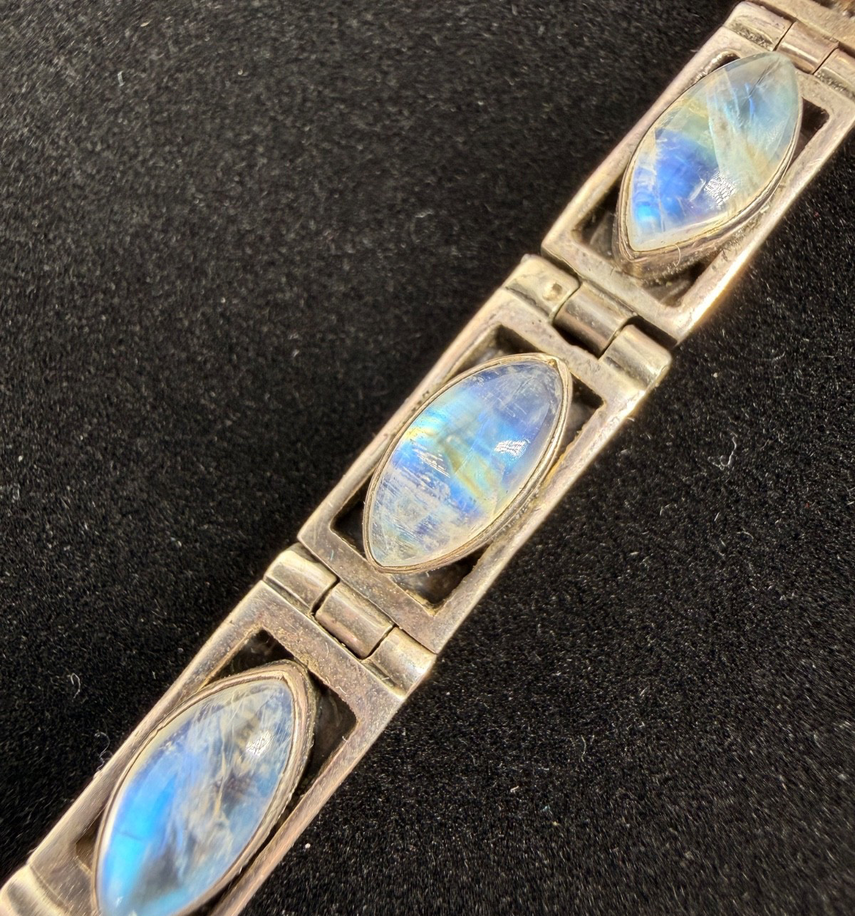 Vtg 925 Sterling Silver Rainbow Nat Moonstone Link Bracelet 10 Stone 6.25- 7.25\