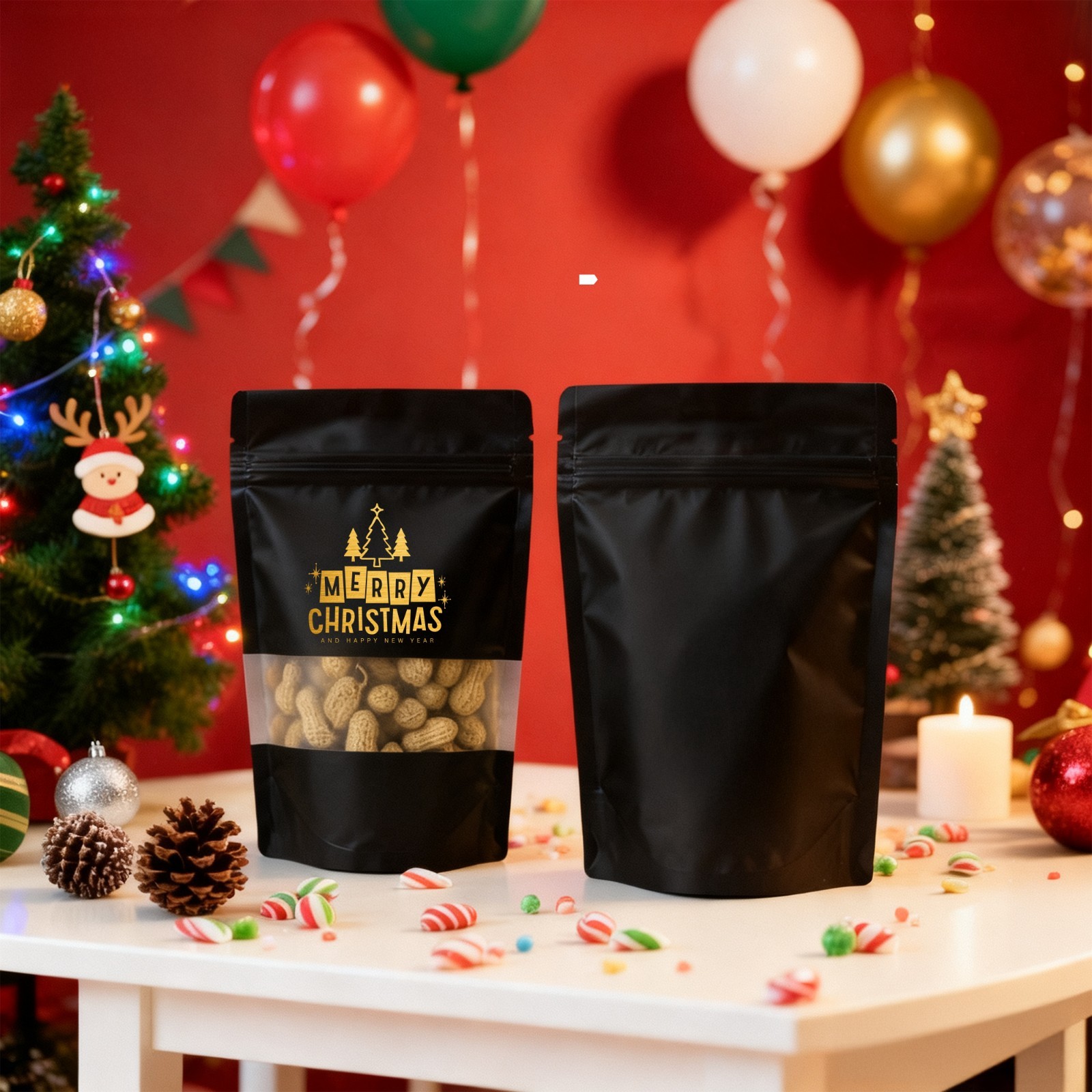 100 4CustomPrint Mylar Foil Stand Up Zip Seal Bags with X'MAS Christmas Design