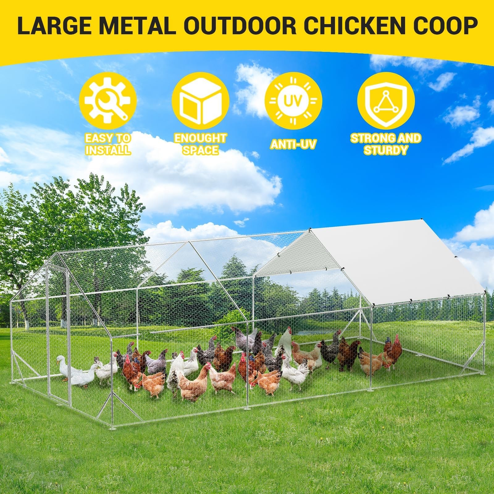 20 x 10 ft Large Metal Chicken Coop, Walk-in Poultry Cage Chicken Hen Run House