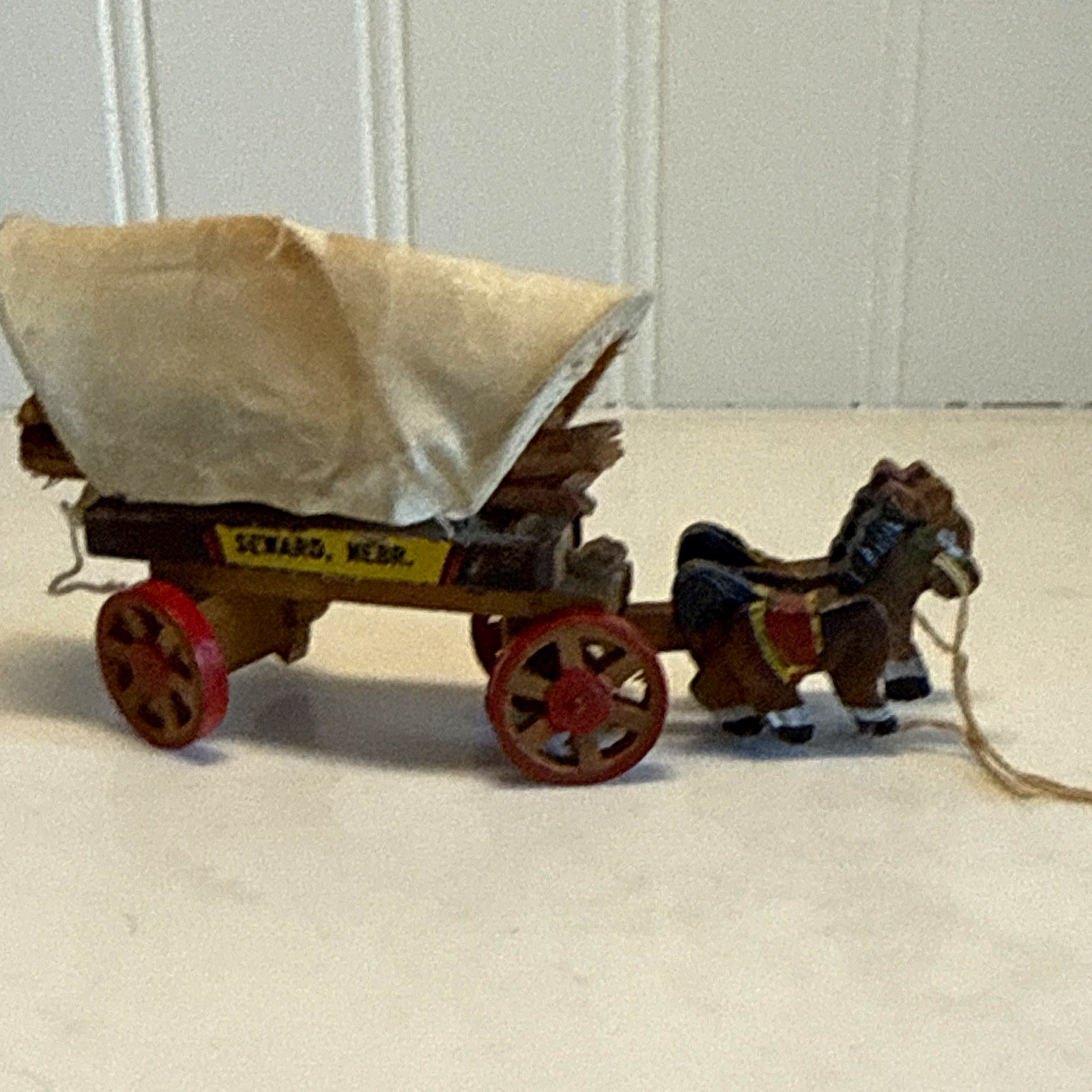 Vintage Cowboy Western Covered Wagon Toy w/ Pull String Horse Figure Vintage Cowboy Western Covered Wagon Toy w/ Pull String Horse Figure