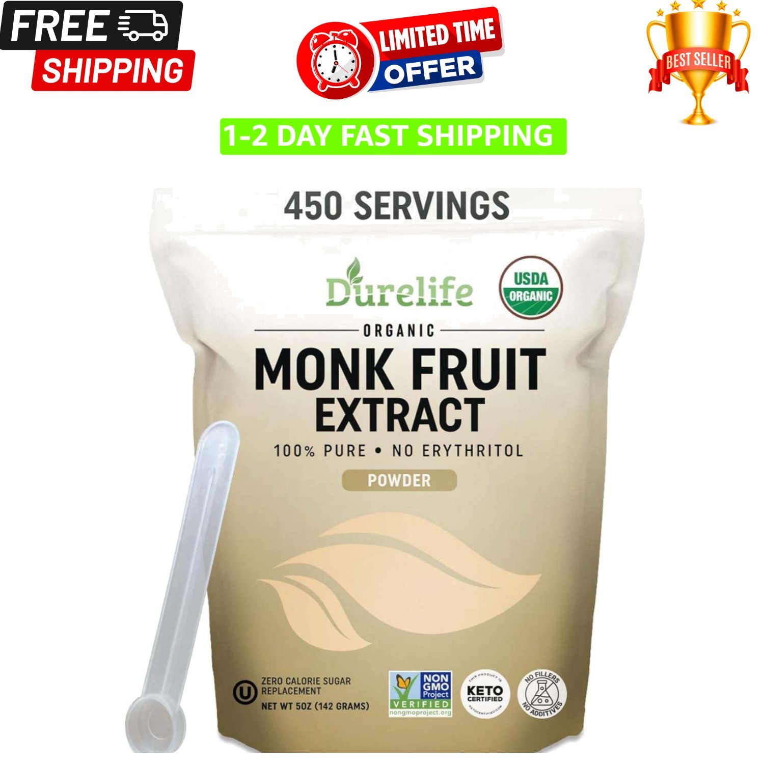 Durelife Organic 100% Pure Monk Fruit Sweetener, No Erythritol, 5 Oz | Zero Durelife Organic 100% Pure Monk Fruit Sweetener, No Erythritol, 5 Oz | Zero
