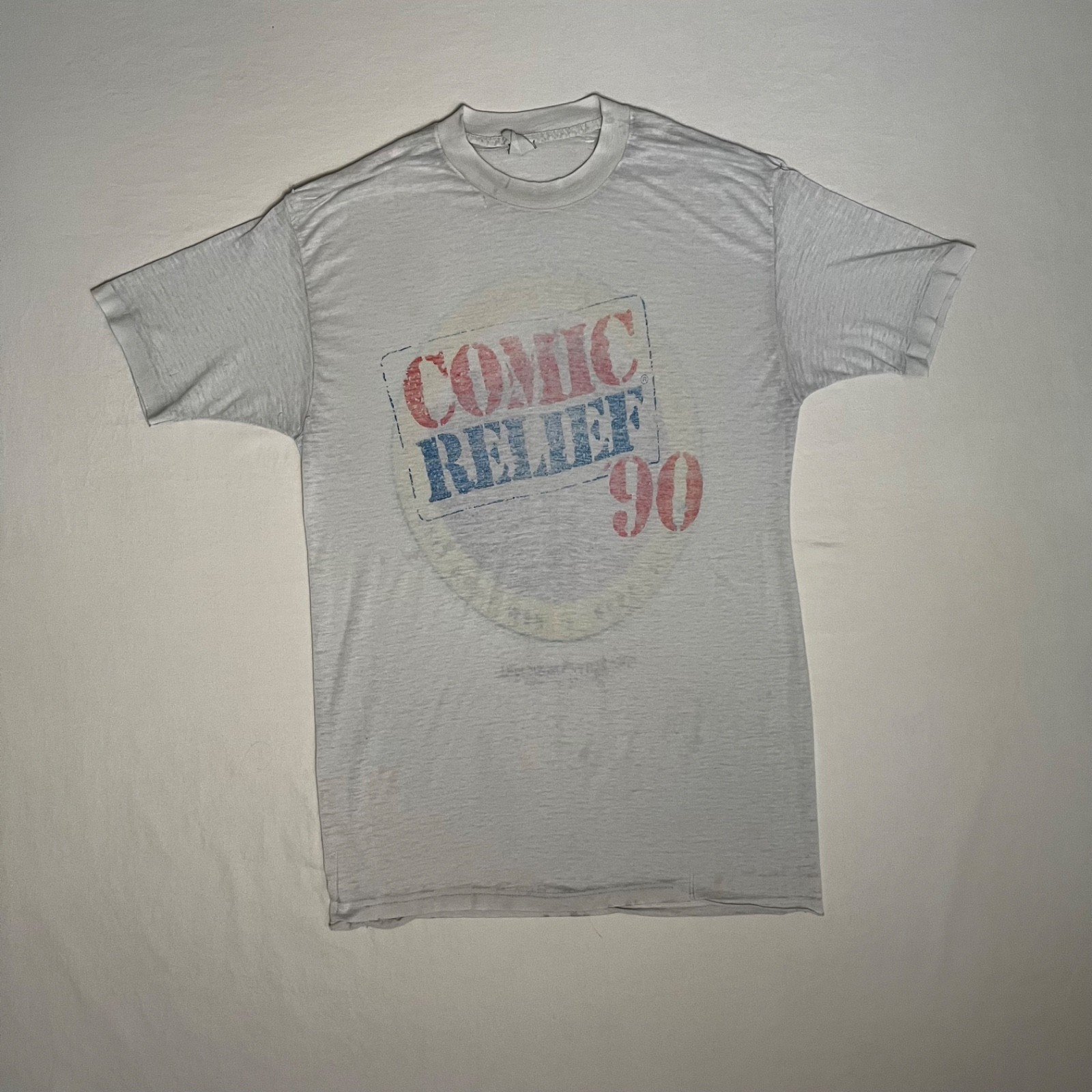 Vintage 90s Paper thin Distressed White T Shirt. Comic Relief New York City. M,