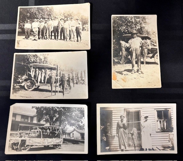Lot of 5 Vintage 1910s 1920s Fishing Photos & AZO RPPC Postcard Car Catfish