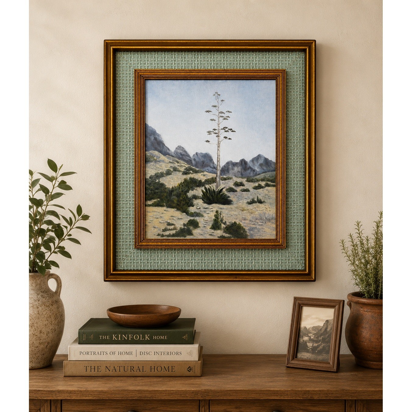 Vintage Joshua Tree Desert Landscape Oil Painting Gold Frame 18x20.5 Good