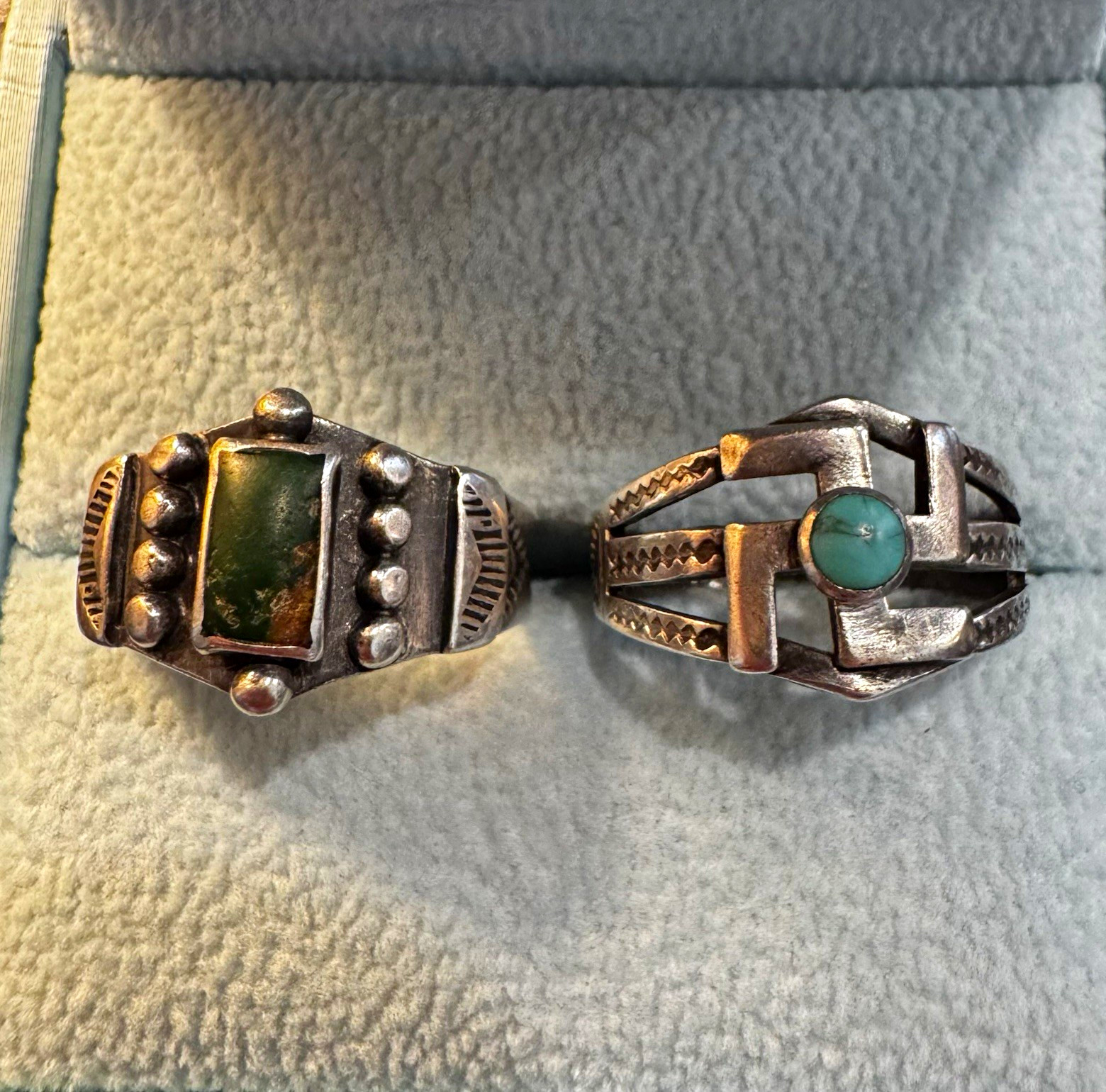 Vintage 1920s Native American Silver Pair Rings Green-Blue Turquoise 6.5 6.25 Vintage 1920s Native American Silver Pair Rings Green-Blue Turquoise 6.5 6.25