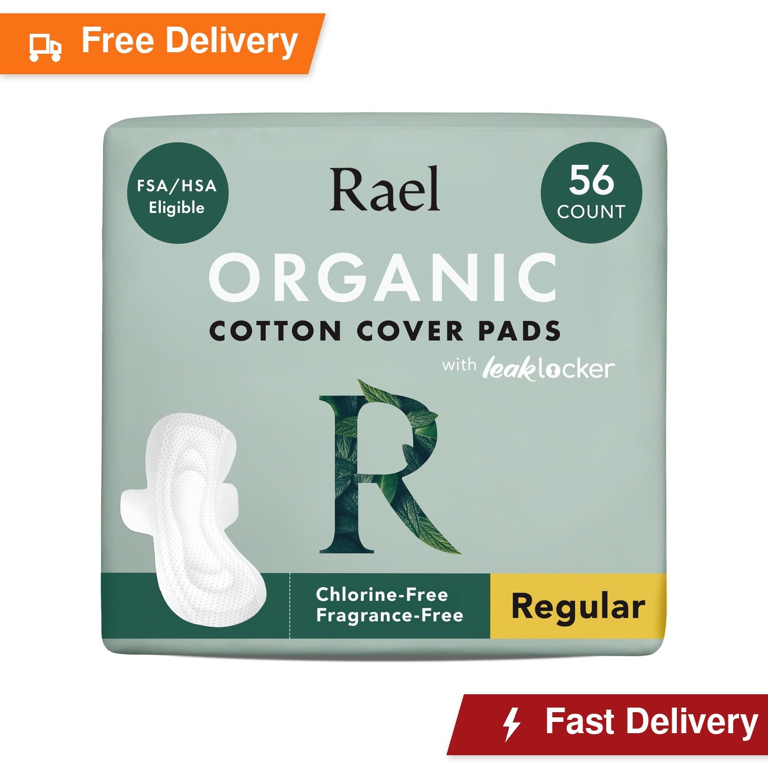 Rael Organic Cotton Cover Sanitary Pads for Women Moderate Regular, 56 Ct