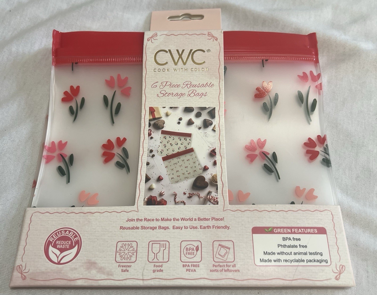 CWC 6 Piece Reusable Storage Bags, BPA Free, Food Safe, Flowers & Bows NEW CWC 6 Piece Reusable Storage Bags, BPA Free, Food Safe, Flowers & Bows NEW