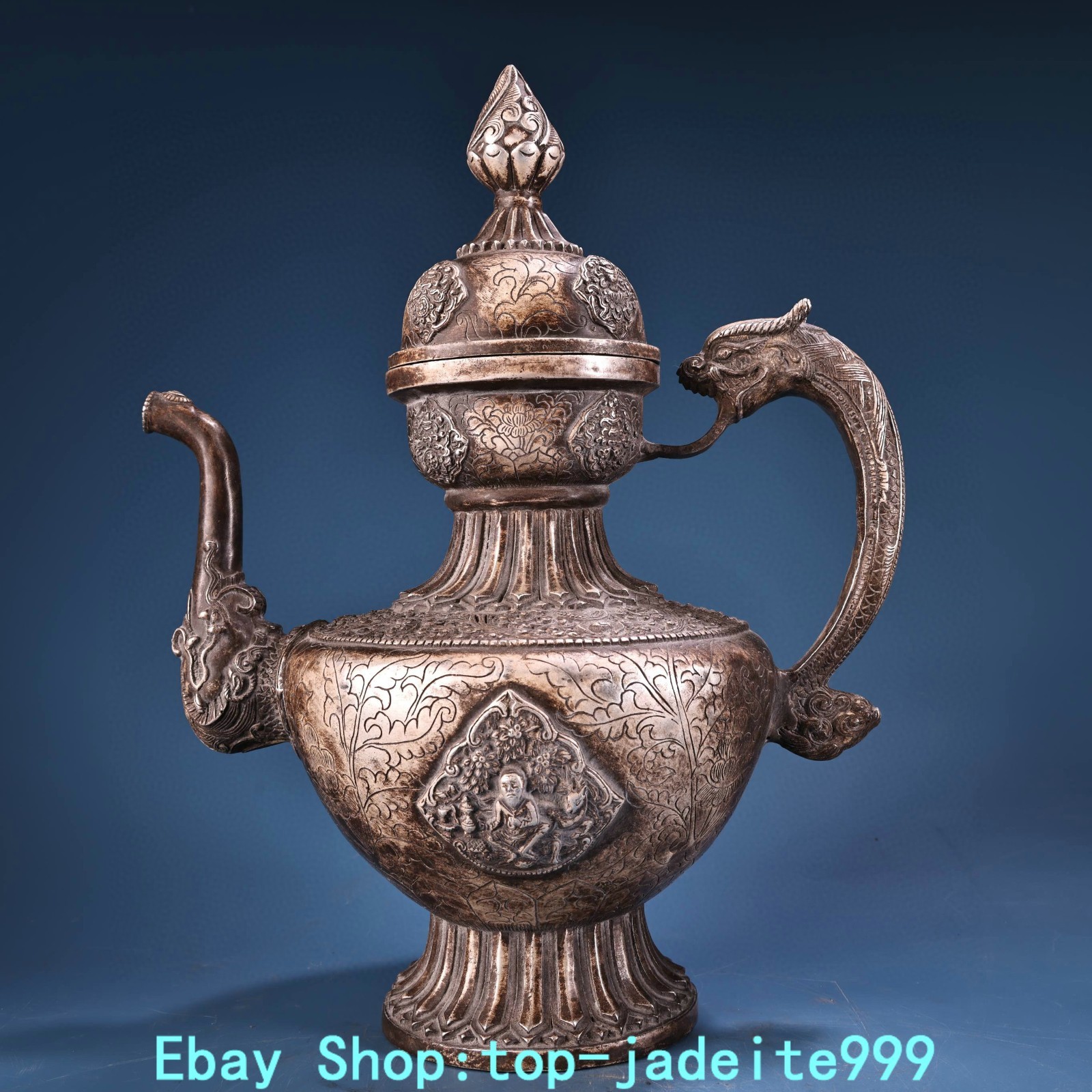 13.3\'\'Old Dynasty Pure Bronze Silver Dragon Loong Beast Head Wine Tea Pot Flagon 13.3\'\'Old Dynasty Pure Bronze Silver Dragon Loong Beast Head Wine Tea Pot Flagon
