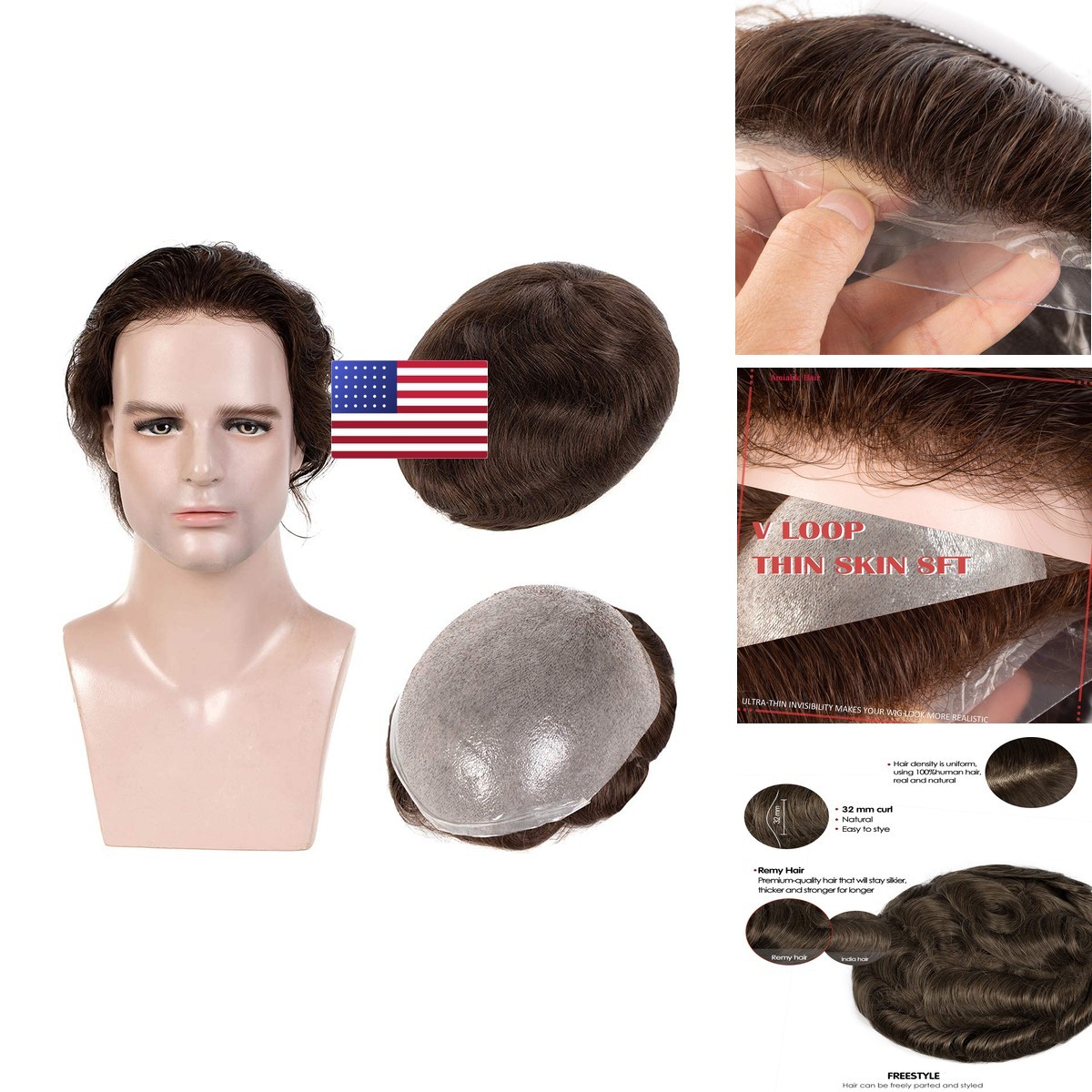 Amiable 0.03mm Ultra Thin Skin All V-looped Mens Hairpieces. Real Human Hair Amiable 0.03mm Ultra Thin Skin All V-looped Mens Hairpieces. Real Human Hair