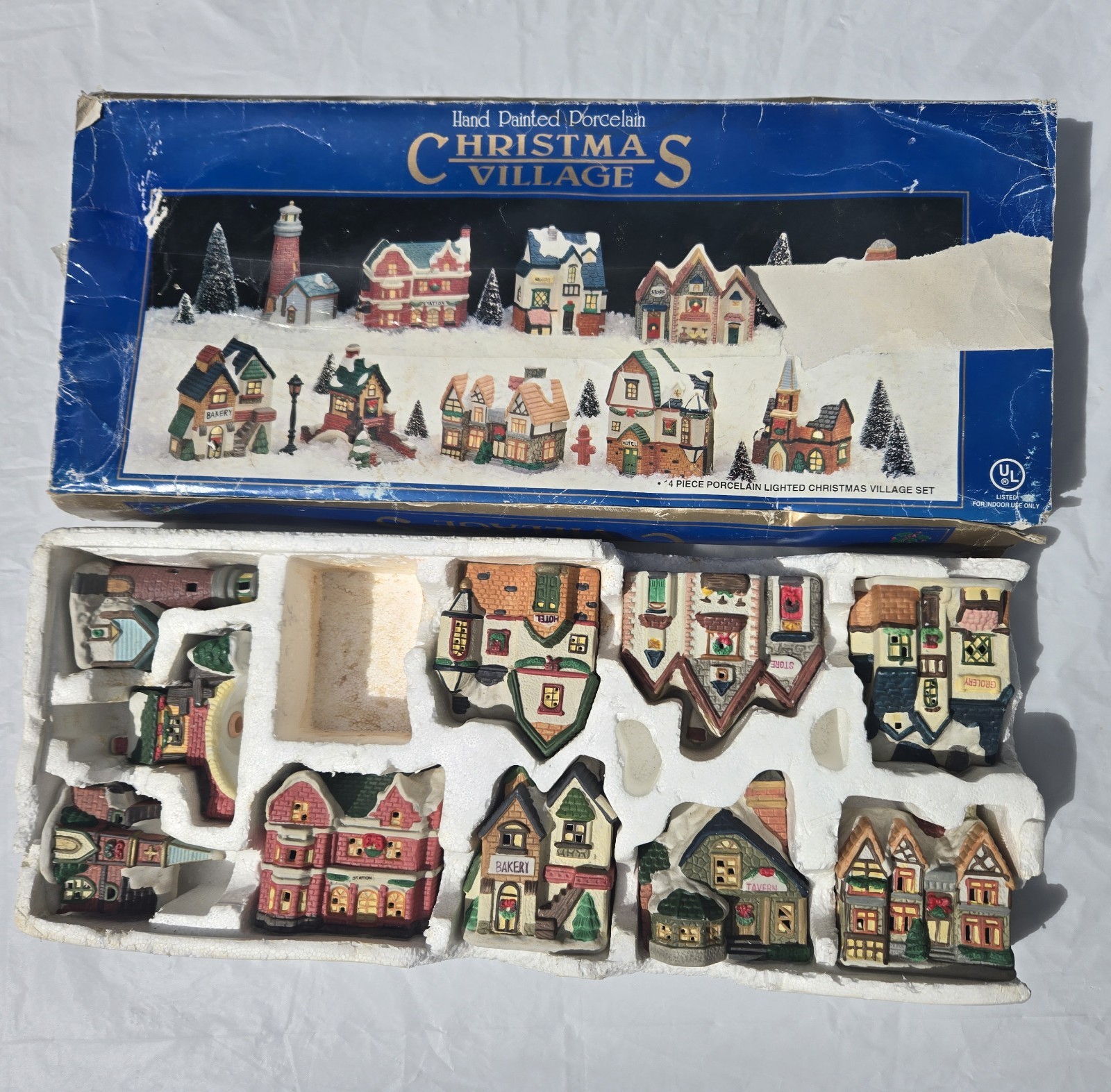 Vtg Hand Painted Porcelain Christmas Village Set 10 Buildings Replacement Set