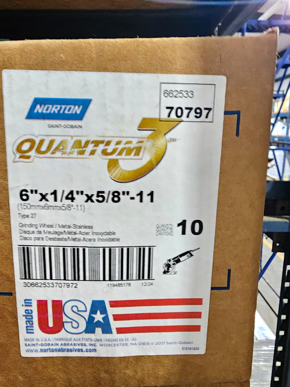 Norton Quantum3 Ceramic Straight Cup Grinding Wheel 6x1/4 5/8-11 Grit 27 10pk Norton Quantum3 Ceramic Straight Cup Grinding Wheel 6x1/4 5/8-11 Grit 27 10pk