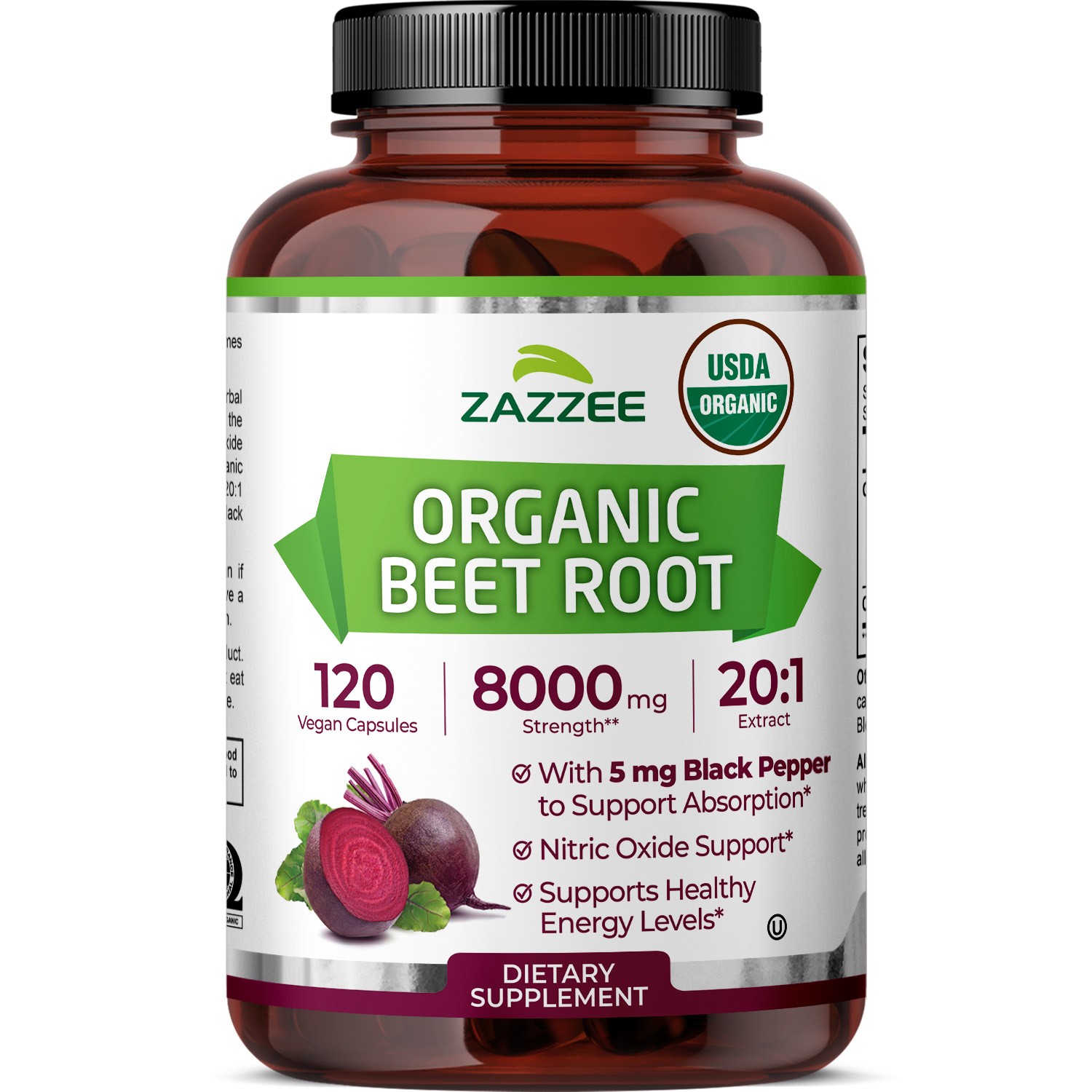 USDA Organic Beet Root 8000 mg Strength 20:1 Extract, 120 Vegan Capsules, Kosher