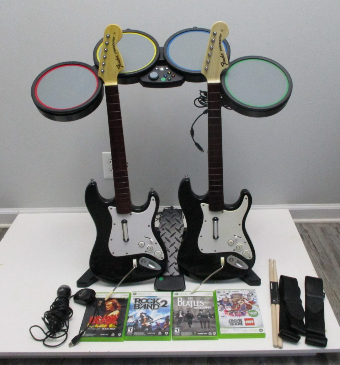 Xbox 360 Rock Band Bundle, Wired Drums, Sticks, Guitar, Mic, and Games
