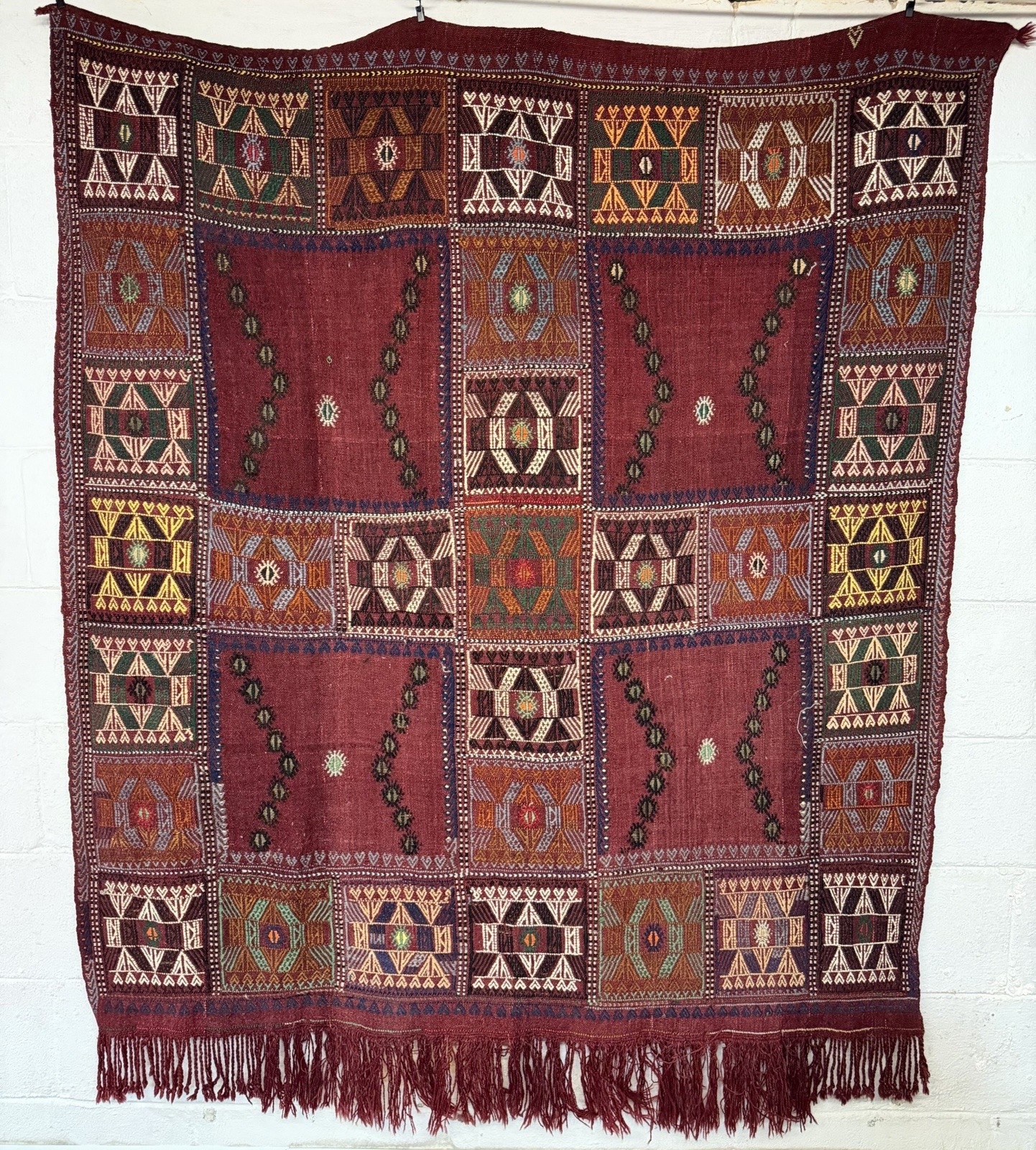 Antique 1920s Turkish Cicim Kilim Rug 51x58 Handwoven Wool Wall Tapestry