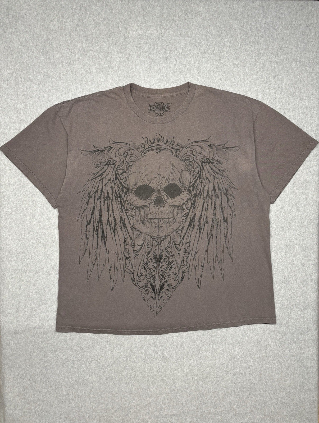 Y2K MMA Elite Grey T-Shirt with Black Skull with Wings Graphic. Size XL