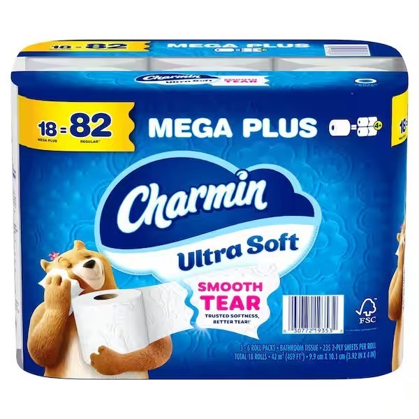 Charmin Ultra-Soft Smooth Tear Toilet Paper Mega Plus Rolls (18 Count) Clog-Safe Charmin Ultra-Soft Smooth Tear Toilet Paper Mega Plus Rolls (18 Count) Clog-Safe