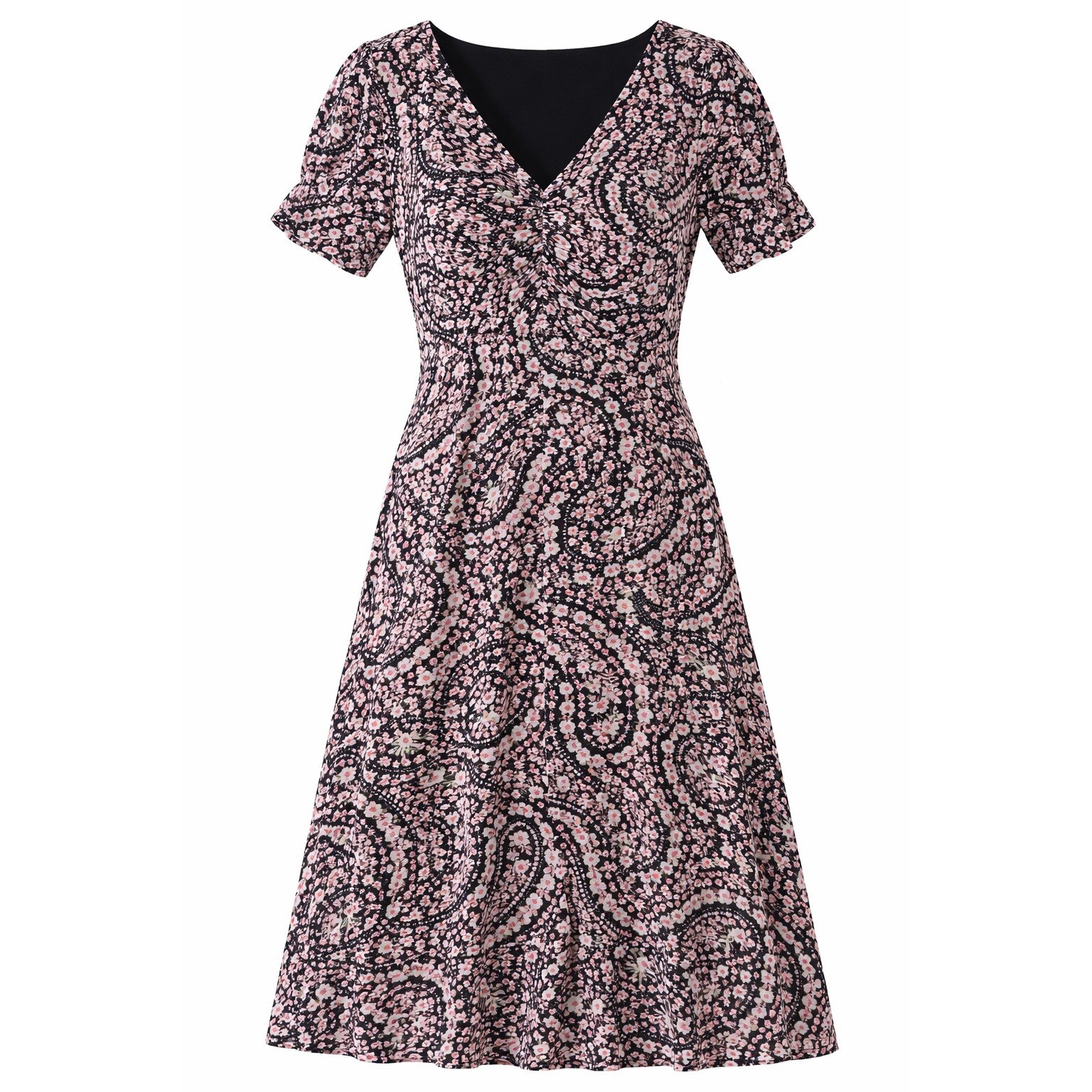 Talbots Midi Dress Womens 10 Black Pink Floral Paisley V-Neck Puff Sleeve NWT