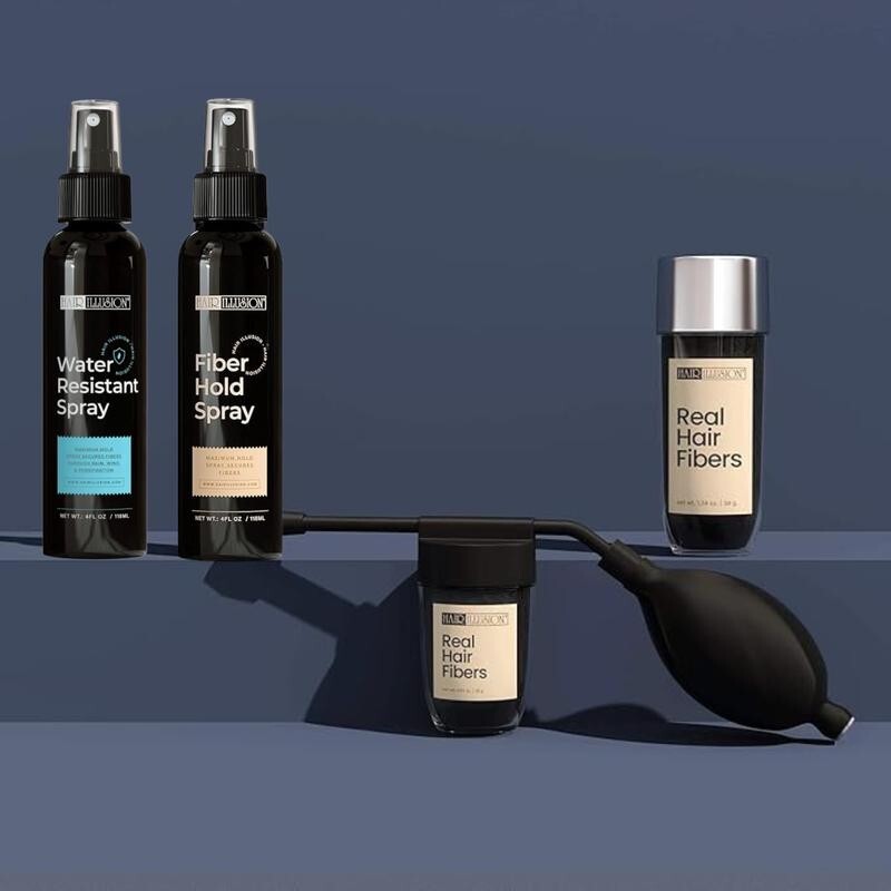 Hair Illusion 100% Real Hair Fibers Combo: Fibers, Hold & Water Spray, & App. Hair Illusion 100% Real Hair Fibers Combo: Fibers, Hold & Water Spray, & App.