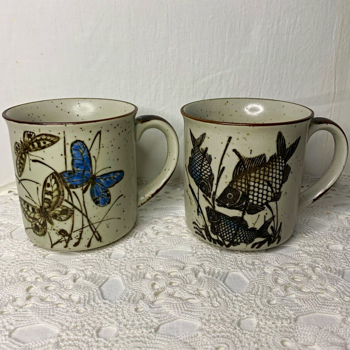 Vintage 1970s Japanese Speckled Stoneware Mugs - Set of 2 (Butterfly & Fish) Vintage 1970s Japanese Speckled Stoneware Mugs - Set of 2 (Butterfly & Fish)