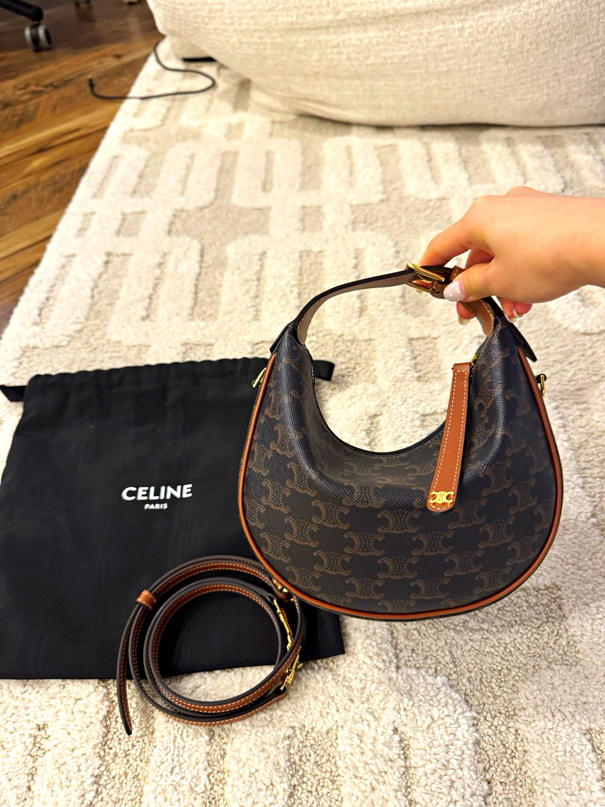 CELINE Teen Lulu Triomphe Shoulder Handbag Canvas leather Black Brown Women