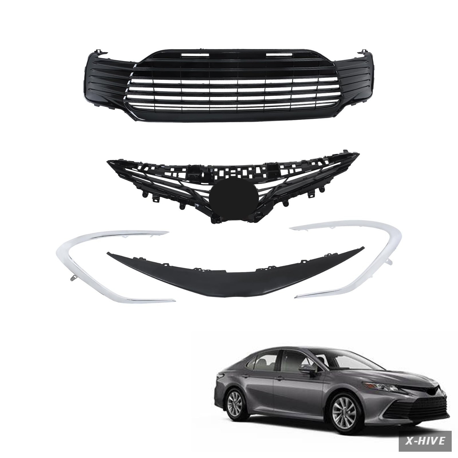 Grilles 1 Front Lower Upper Grille Black Plastic Set 4 Pieces Grill Replacement