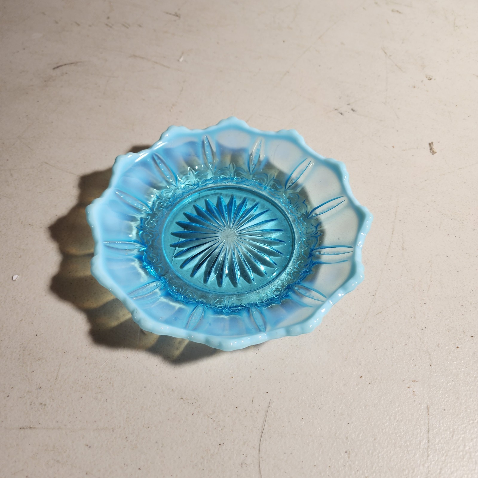 vintage blue opalescent glass dish 6\