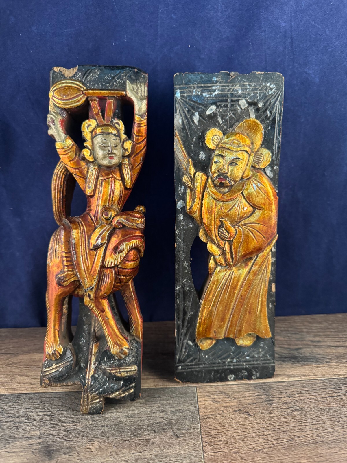 Two Antique Chinese Wood Carvings Lot Wooden Black Gold Bronze Coloring Two Antique Chinese Wood Carvings Lot Wooden Black Gold Bronze Coloring