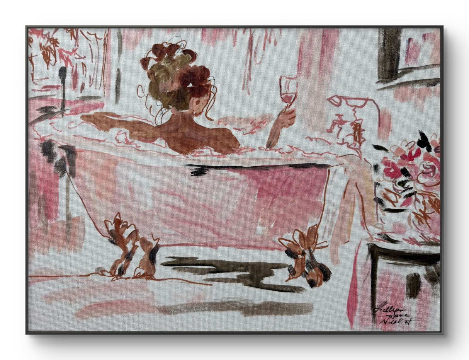 Neal Original 12x16 Impressionist Woman Bubble Bath Wine Painting Signed Canvas